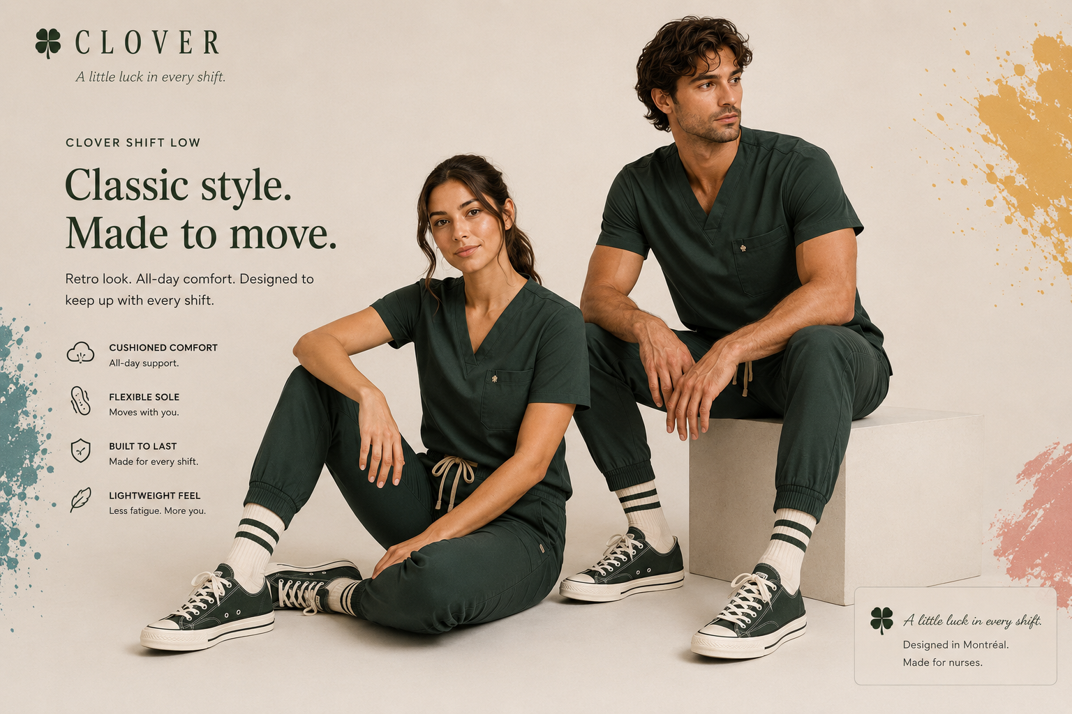 Clover Shift Low concept styled with 70s striped socks and full Clover green scrub sets on two healthcare workers
