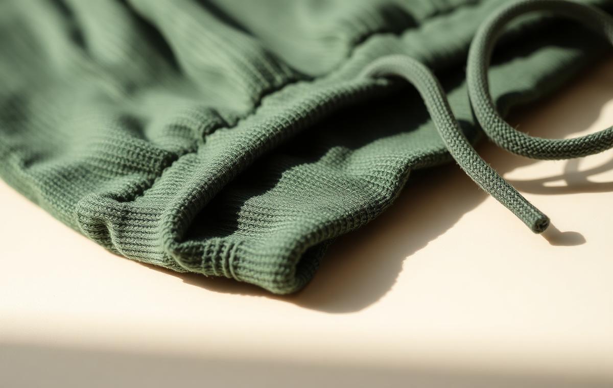 Close-up of cotton-rich knit fabric with a ribbed waistband and drawstring