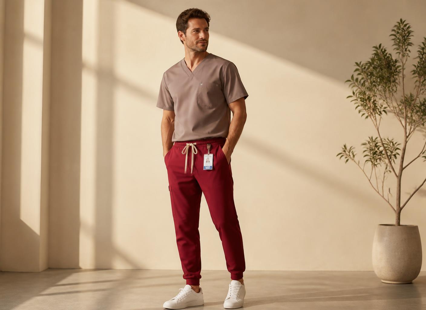 Clover men's full set: mushroom V-neck pocket tee with vampire red cuffed jogger scrub pants