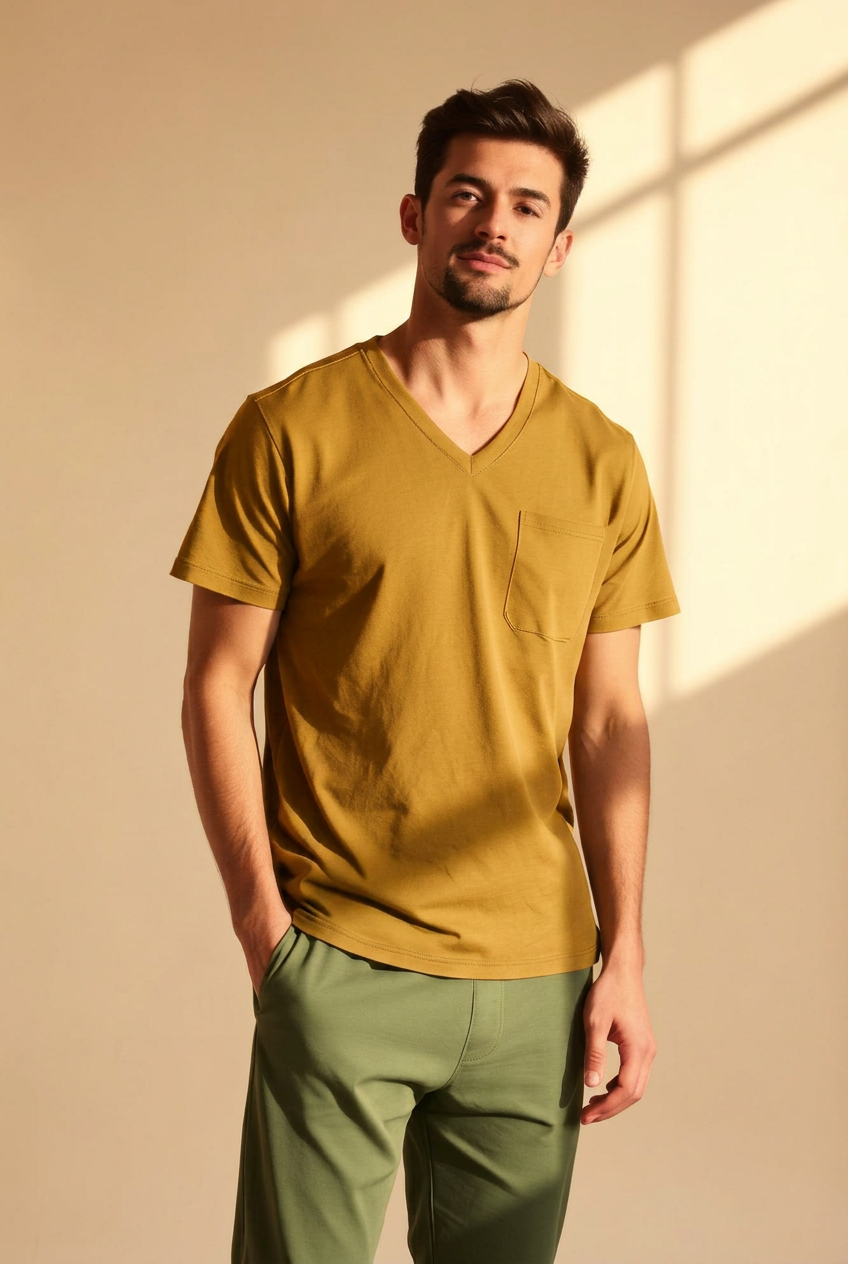 Clover men's V-Neck Pocket Tee in Mustard Yellow