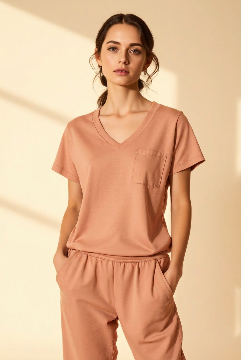 Clover women's V-Neck Pocket Tee in Peach