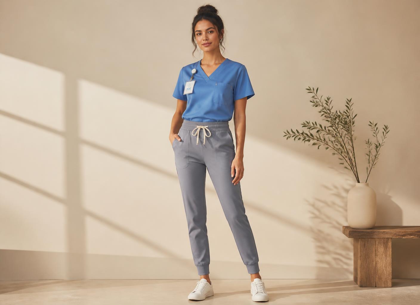Clover women's full set: cerulean blue V-neck pocket tee with grey cuffed scrub pants